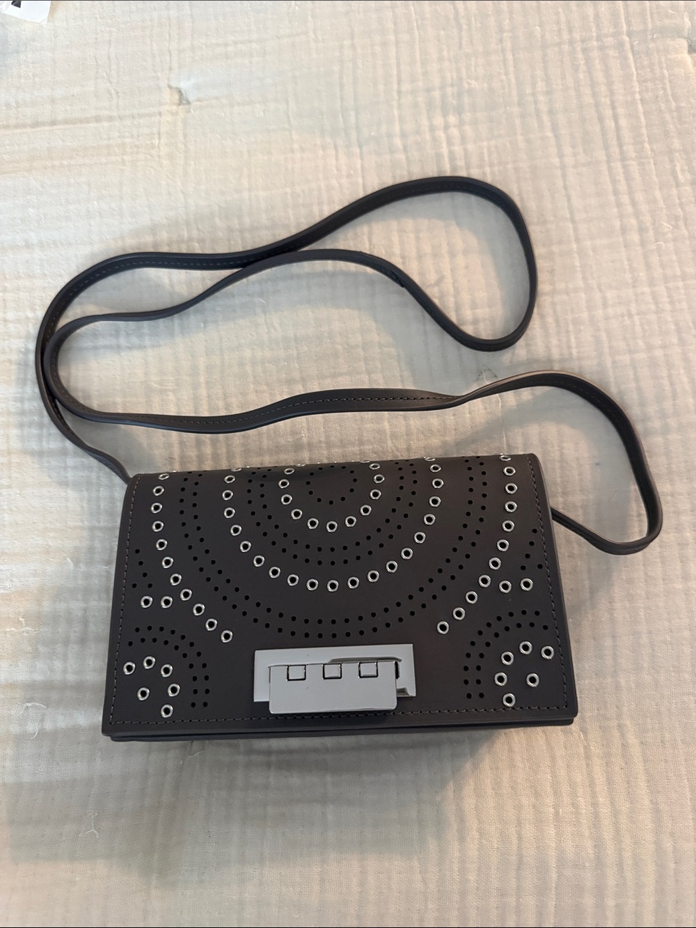 Zac Posen Gray Leather Crossbody Bag with Silver Eyelet Detailing